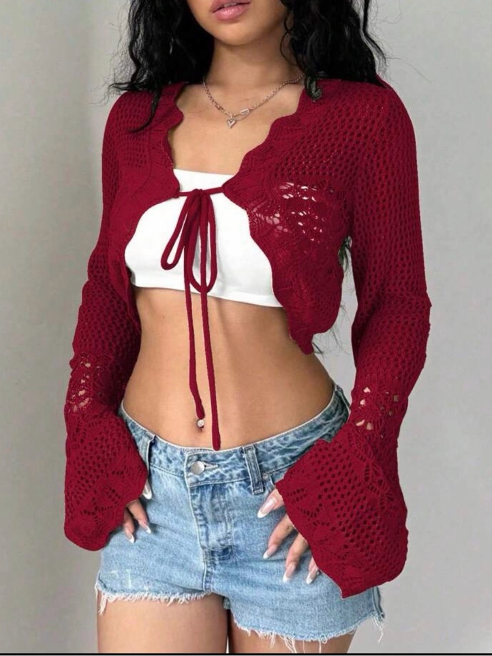 Crochet Tie-Front Cropped Bolero Burgundy -Long Sleeve Cardigan S